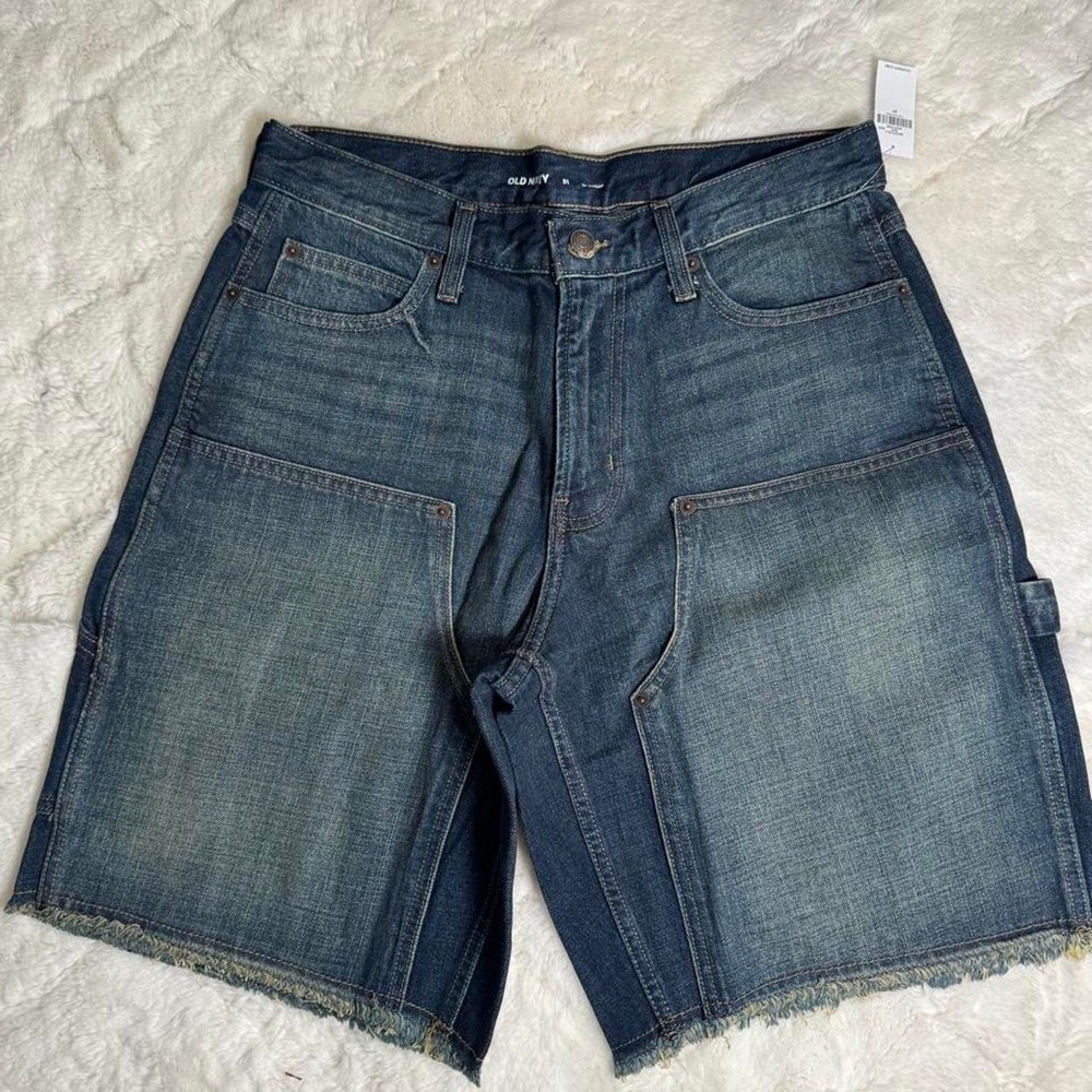 Old Navy Blue Denim Carpenter Shorts Double Front Raw Hem 31